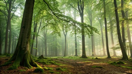 Fototapeta premium Serene Sunlight Filtering Through Lush Green Forest Canopy