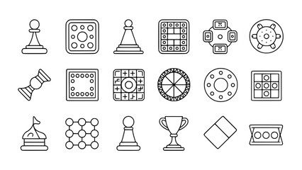 Board Games: A simple line art illustration depicting various game boards, pieces, and a trophy, symbolizing playful competition and strategy.