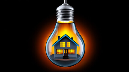 Energy Efficient House Inside Light Bulb Concept on Black Background