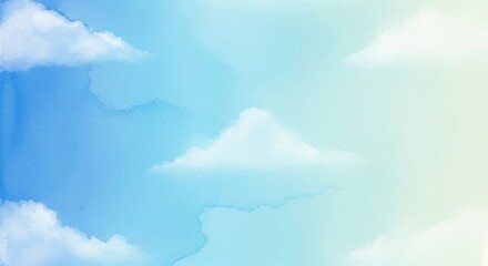 Soft watercolor painting depicting a bright, airy sky with fluffy white clouds.