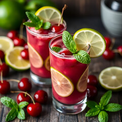 Refreshing cherry smoothie adorned with lime slices and mint lea