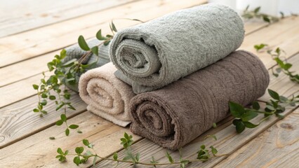 Soft Hand Towels Stacked with Greenery on Rustic Wooden Surface