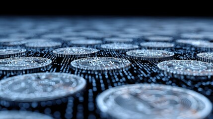 Detailed illustration of numerous digital coins.