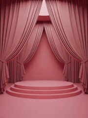 Fototapeta premium Pink stage with tiered platform and draped curtains