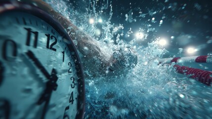 Olympic Swimmer Touching Finish Wall in Epic Race Climax with Splash and Blurred Digital Clock Background