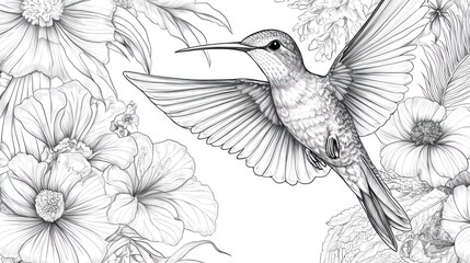 Detailed hummingbird illustration amongst flowers