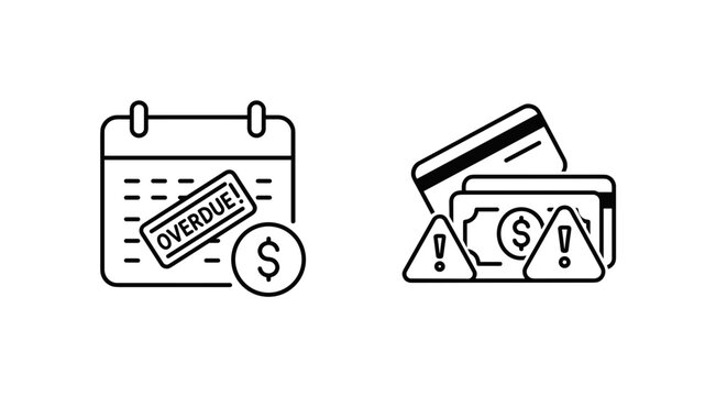 Calendar icon indicating overdue payment with credit cards and warning signs  