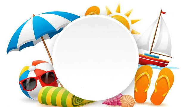 Beach scene with umbrella sunglasses towel boat sun seashells  flipflops arranged around a white circle