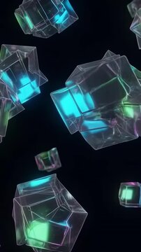 Geometric cubes made of neon glass rotating on a dark background.