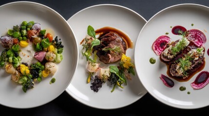 multi-course tasting menu preview, three elegant plates