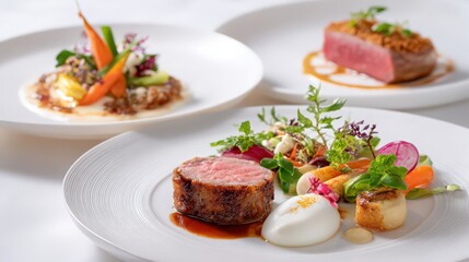 multi-course tasting menu preview, three elegant plates