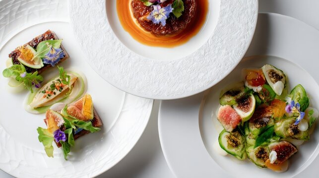 multi-course tasting menu preview, three elegant plates