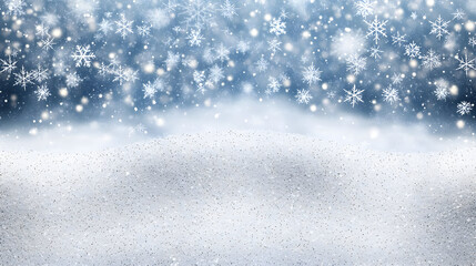 Winter scene with falling snowflakes over a snowy landscape.  Soft light, detailed snowflakes, and a gradual transition from the sky to snow