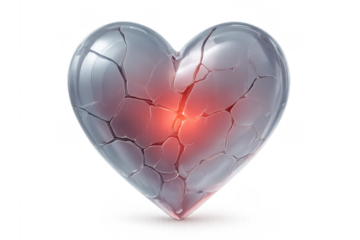 Broken glass heart glowing red on transparent background
