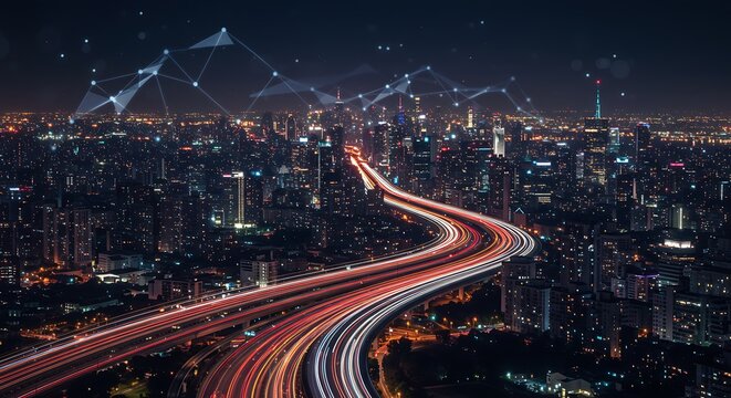 Illuminated cityscape at night with digital network overlay - Powered by Adobe