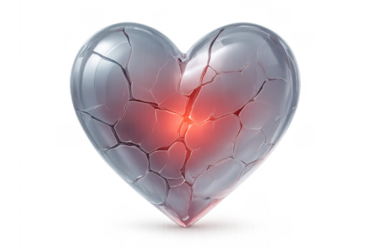 Broken glass heart glowing red on transparent background