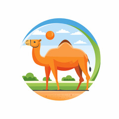 A Majestic Camel in a Desert Oasis, Embodied Within Circular Frame, Cartoon Style