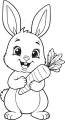 cute rabbit with carrot black and white line art of a  simple outlined drawing illustration vector printable on transparent background
