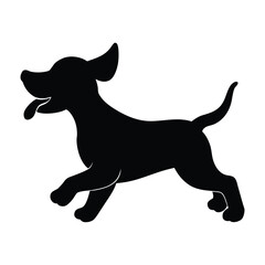 Black silhouette of a happy dog running with its tongue out white background