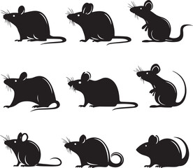 Silhouette Mice Depicting a Variety of Poses and Styles, Featuring Long Whiskers and Curled Tails on a White Background