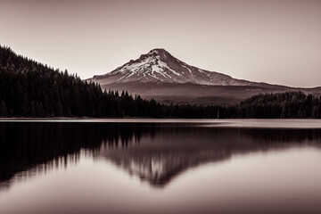 Mount Hood, captured in black and white via a long exposure (20 seconds), reflecting in Lake Trillium 
