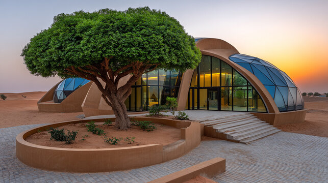 Unique Desert Building with Glass Dome and Tree at Sunset