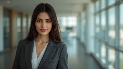 Fototapeta premium Confident young businesswoman in a modern office hallway with natural light