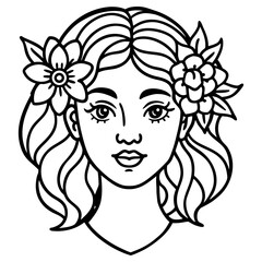 A womans face with flowers in her hair, creating a beautiful and whimsical portrait, isolated on white background