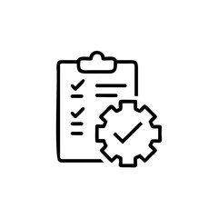 Outline checklist on clipboard with gear checkmark tick