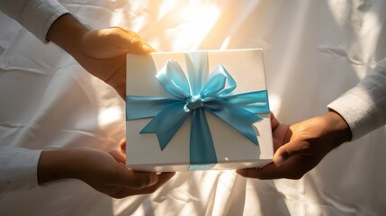 Hands holding a white gift box with a light blue ribbon.
