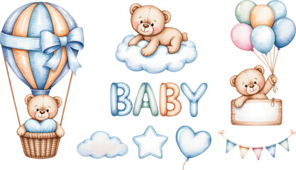 Baby boy clipart set with teddy, balloon and cloud watercolor Illustration. Nursery Baby Shower Elements.