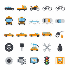 Collection of flat-design transportation icons: vehicles, tools, and traffic signals.