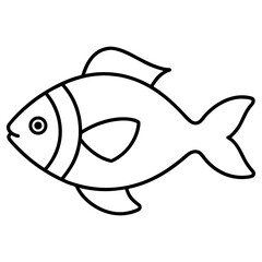 A simple black and white line drawing of a fish swimming, isolated on white background