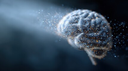 Abstract representation of brain with glowing particles in darkness