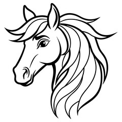 A detailed black and white drawing of a horses head with a long, flowing mane, isolated on white background