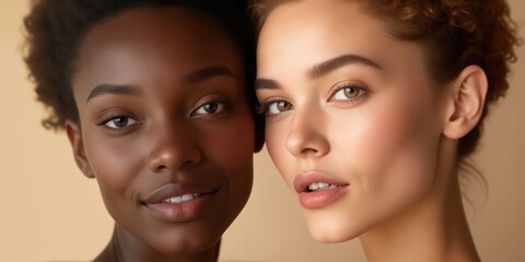 Fototapeta premium Two beautiful women with different skin tones showcasing natural beauty and diversity
