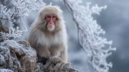 Naklejka premium Japanese Macaque Resting on Snowy Rocks in Winter Landscape – Frosted Fur and Serene Cold Atmosphere