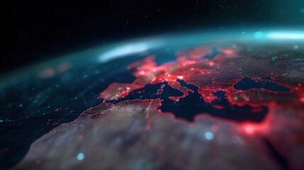 Digital Map of Europe with Glowing Network Connections and Depth