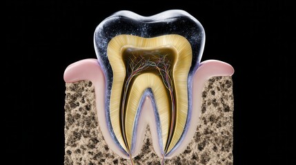 Cross-section view of human tooth anatomy highlighting enamel pulp