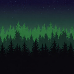 Deep Green Pine Forest Scenery under a Dark Starry Sky