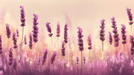 Lavender field in soft pastel hues.  Delicate, artistic portrayal of lavender plants in a sunlit meadow, with a gentle color gradient
