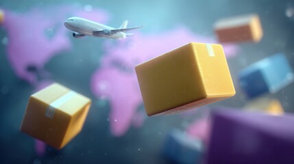 Airplane and Delivery Boxes Floating Above World Map Background