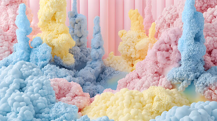 Abstract landscape of pastel colored, textured, bubbly forms.  A mix of light blue, yellow, and pink, with soft, cloud-like shapes