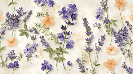 Delicate floral pattern of lavender and peach blossoms, scattered on a textured cream background, with detailed botanical elements and muted colors