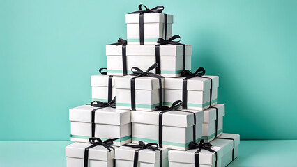 Elegant pyramid of stacked white gift boxes tied with black ribbon against a vibrant teal blue background