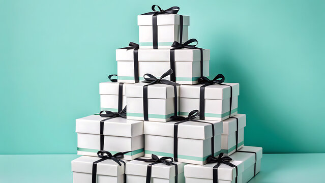 Elegant pyramid of stacked white gift boxes tied with black ribbon against a vibrant teal blue background