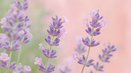 Delicate lavender blossoms in soft pastel hues,  with blurred background.  Close-up view of  purple and pink flowers, against a light peach backdrop.  Gentle lighting
