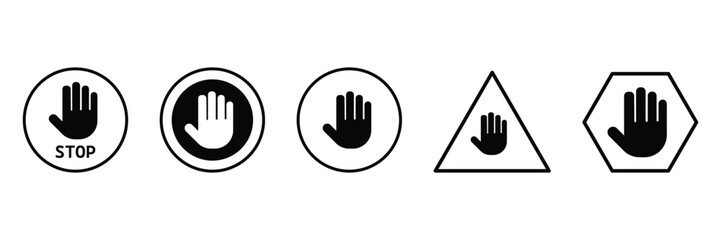 Hand signal stop icons set for road safety traffic warning attention prohibited caution vector illustrations isolated collection in various shapes.