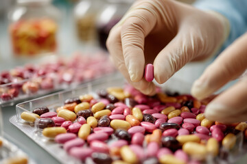 Close-up of gloved hands counting pills into a prescription tray