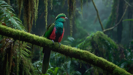 Resplendent Quetzal on a Mossy Branch at Dusk Ai